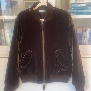 Vince. Dark olive green silk-blend velvet bomber jacket (M)